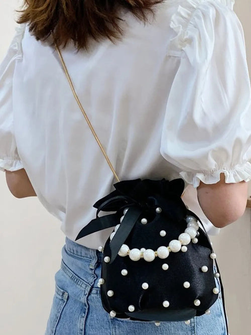 Pearl Detail Solid Color Bucket Bag