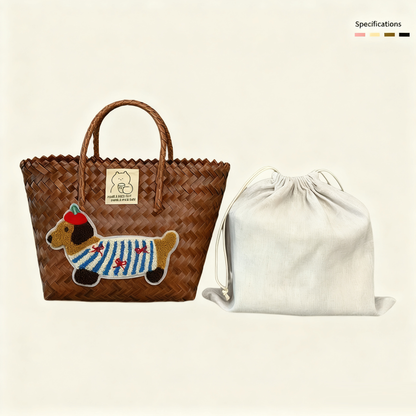 Large capacity sausage dog hand woven cabbage basket rattan woven handbag office miscellaneous carry bag picnic women's bag