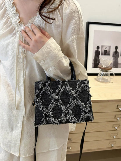 Raw Hem Denim PU Leather Handbag