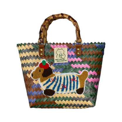 Large capacity sausage dog hand woven cabbage basket rattan woven handbag office miscellaneous carry bag picnic women's bag